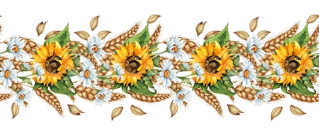 Photo illustration à l'aquarelle modèle horizontal de tournesols marguerites blé isolé sur un fond blanc fleurs faites à la main pour anniversaire de mariage invitations d'anniversaire cartes bannières