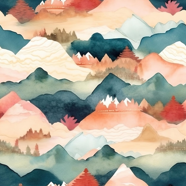 Une illustration à l'aquarelle de montagnes et d'arbres avec un paysage de montagne en arrière-plan.