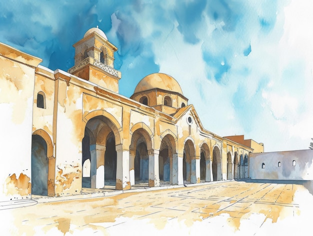 Photo illustration à l'aquarelle de la mosquée historique de kairouan en tunisie un premier exemple d'architecture islamique ia générative