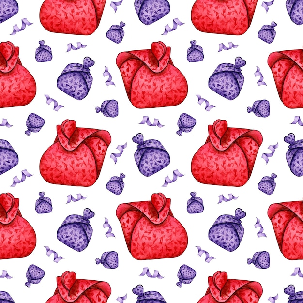 Illustration à l'aquarelle d'un motif de boîtes en carton violet et rouge avec un sceau Boîte-cadeau avec peinture à la main pour un compliment ou un cadeau Isolé sur fond blanc Dessiné à la main