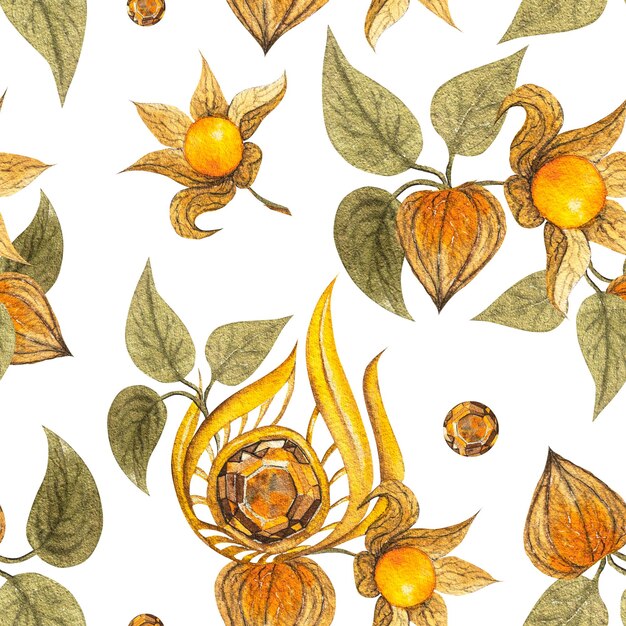 Illustration à l'aquarelle de motifs sans couture de baies de physalis d'automne et de broche dorée Dessin d'une broche d'or