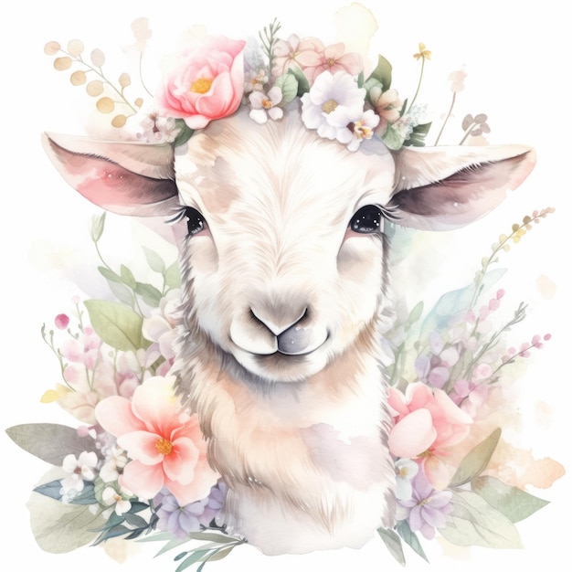 illustration d'aquarelle de moutons avec des fleurs