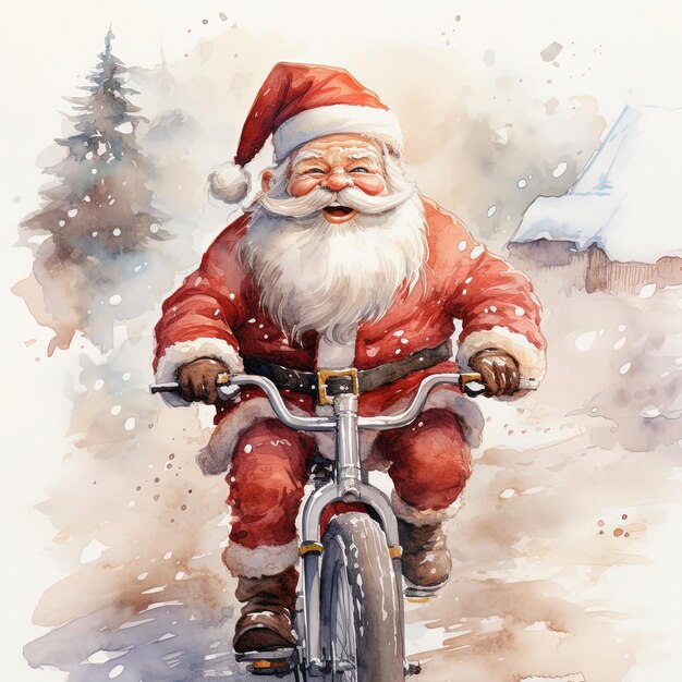 Photo illustration d'aquarelle de noël du père noël à vélo