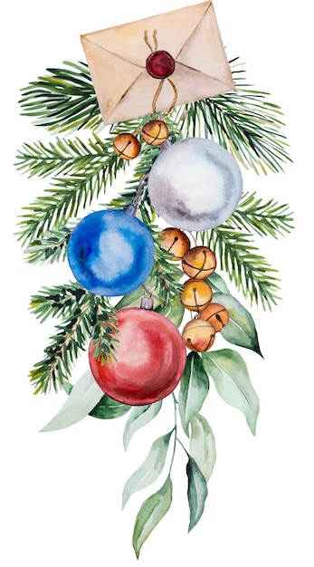 Illustration aquarelle de Noël avec enveloppe scellée boules branches de sapin et cloches