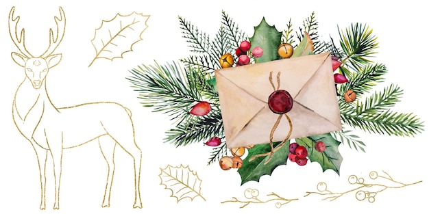 Illustration aquarelle de Noël avec enveloppe scellée branches de sapin baies et cloches