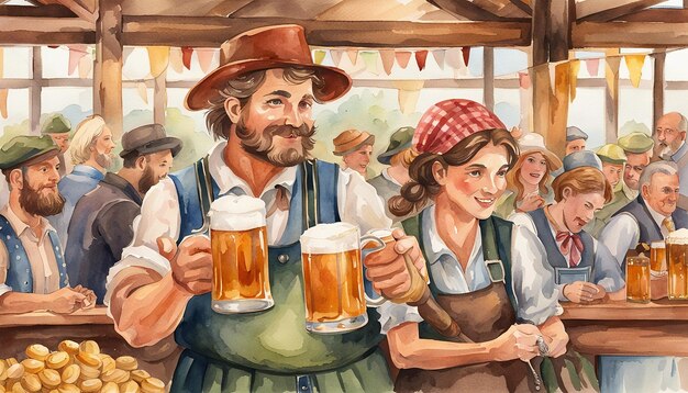 illustration aquarelle octoberfest avec homme et femme apportant un verre de berr