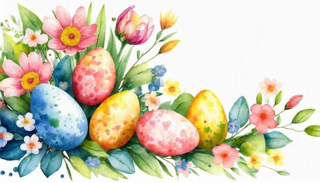 Illustration à l'aquarelle Des œufs de Pâques et des fleurs