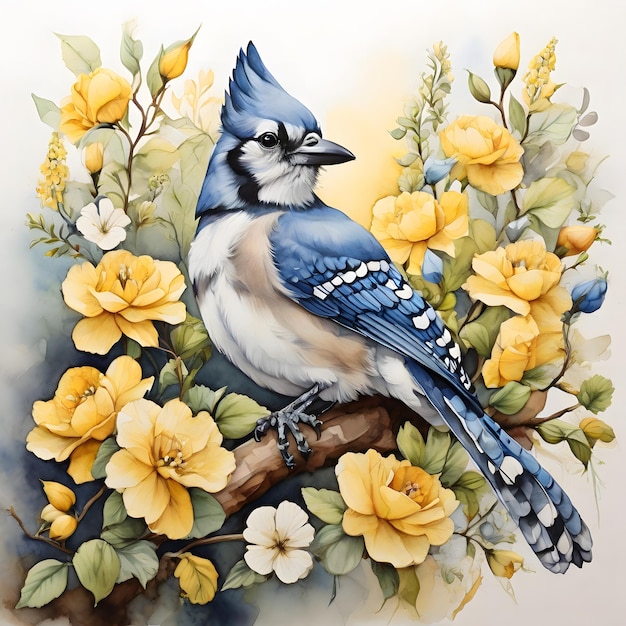 Illustration à l'aquarelle d'un oiseau sur une branche avec des fleurs jaunes et blanches