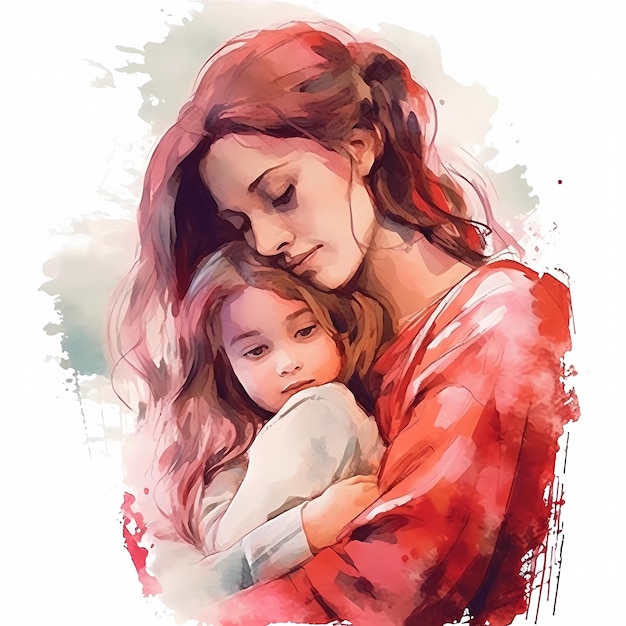 Illustration à l'aquarelle où maman embrasse sa fille dans des couleurs roses