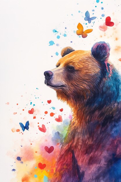 Illustration à l'aquarelle d'un ours brun assis sur l'herbe avec des fleurs et des papillons