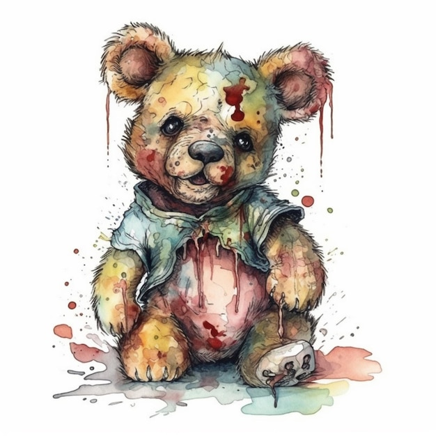 Une illustration à l'aquarelle d'un ours en peluche avec des taches de sang.