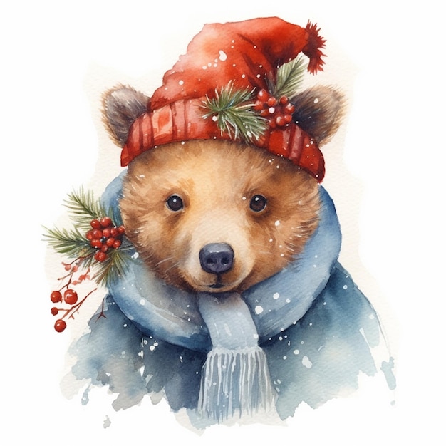 Une illustration à l'aquarelle d'un ours portant un chapeau rouge et une écharpe avec des baies et de la neige sur le fond.