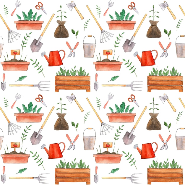 Illustration à l'aquarelle d'outils de jardin.