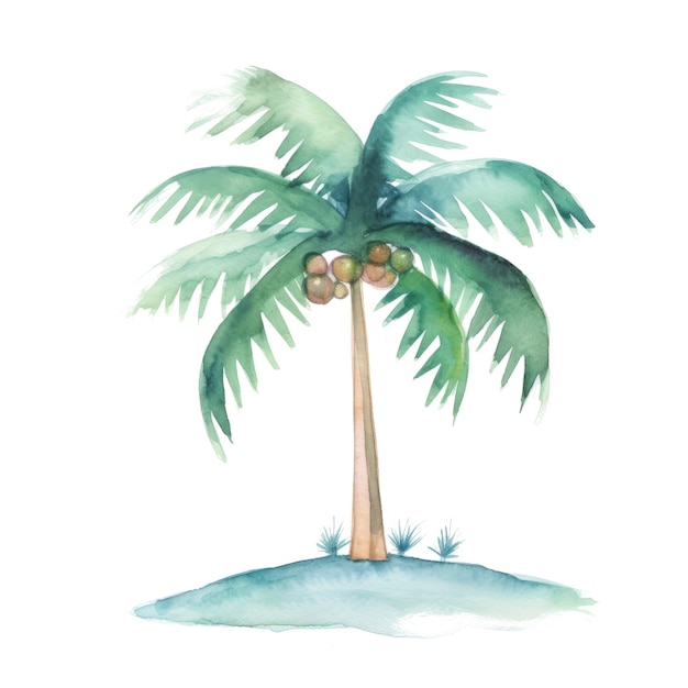 Illustration à l'aquarelle d'un palmier avec des noix de coco sur fond blanc.
