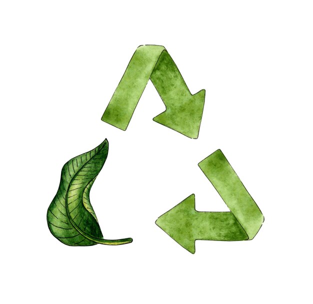 Photo illustration à l'aquarelle d'un panneau de recyclage vert avec une feuille au lieu d'une flèche réutiliser le symbole de conception environnementale style de vie sans déchets isolé sur fond blanc dessiné à la main