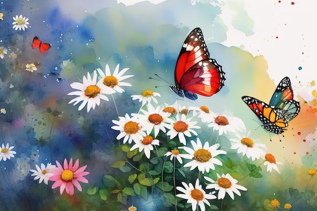 Illustration à l'aquarelle de papillons flottant au-dessus de fleurs sauvages au printemps AI générative