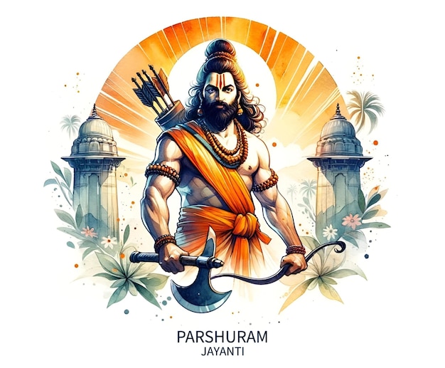 Photo illustration à l'aquarelle de parshuram jayanti avec le seigneur parshuram tenant une hache et un arc