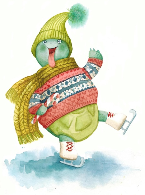 Illustration aquarelle de patins d'hiver de tortue