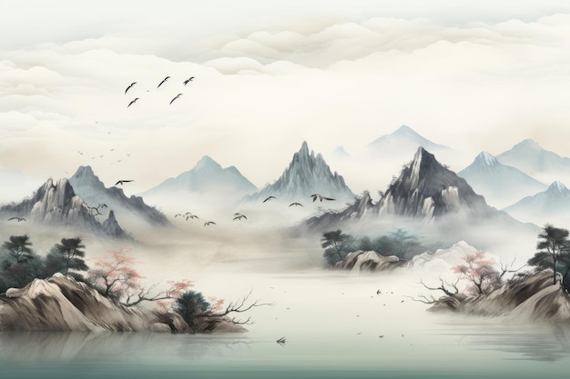 Illustration à l'aquarelle paysage brumeux avec des rochers brouillard et des pins