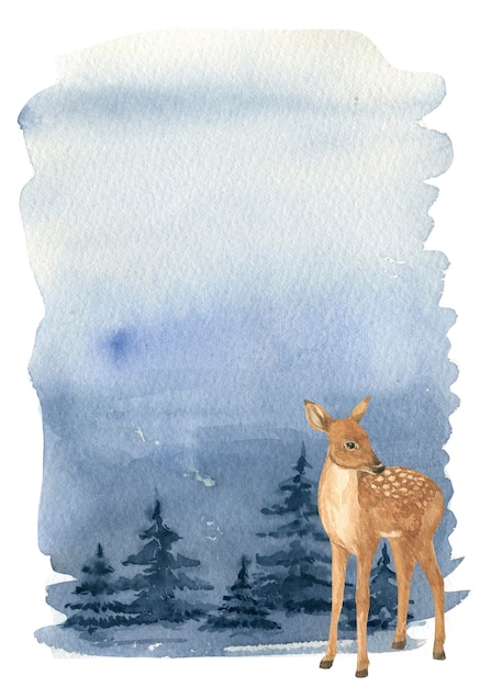Photo illustration aquarelle paysage d'hiver et cerf forêt de sapins enneigés isolé sur fond blanc