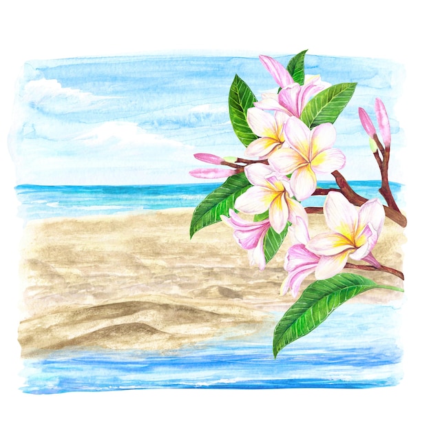 Illustration aquarelle d'un paysage marin avec du sable une branche avec des feuilles vertes de fleurs de plumeria