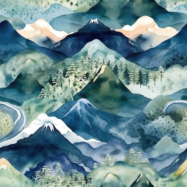 Une illustration à l'aquarelle d'un paysage de montagne avec une forêt et des montagnes.