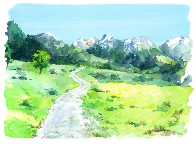 Une illustration aquarelle d'un paysage