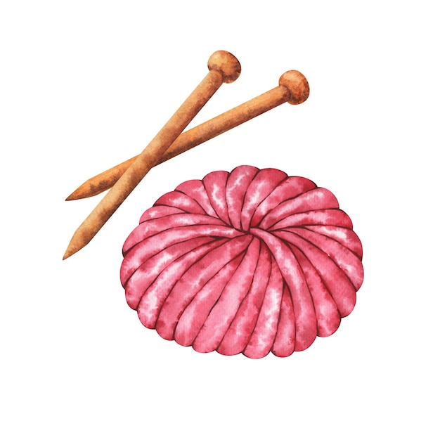 Illustration aquarelle peinte à la main d'une pelote de laine rose et d'aiguilles à tricoter isolées sur fond blanc