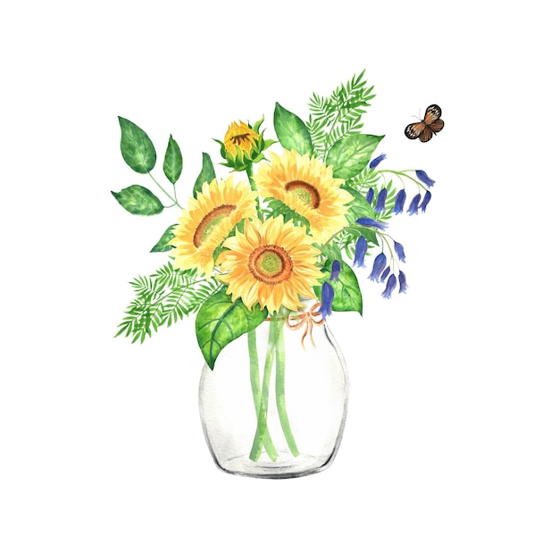 Illustration aquarelle peinte à la main. Vase en verre avec tournesols fougères et jacinthes des bois