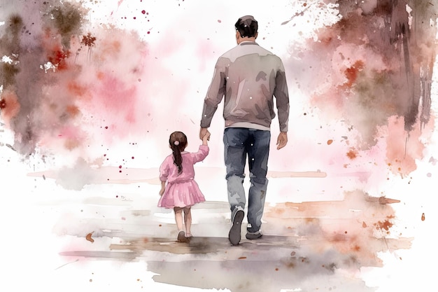 Illustration aquarelle Père et fille