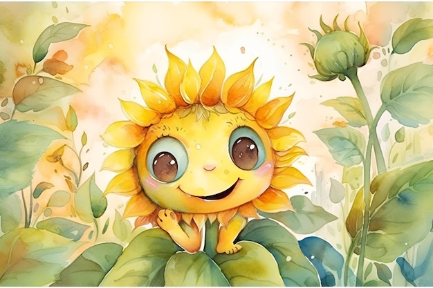 Illustration aquarelle d'un personnage drôle de fleur de tournesol