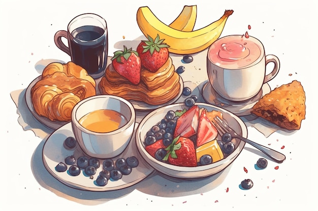 Photo illustration aquarelle de petit-déjeuner végétalien aliments sains fruits baies et boissons ia générative