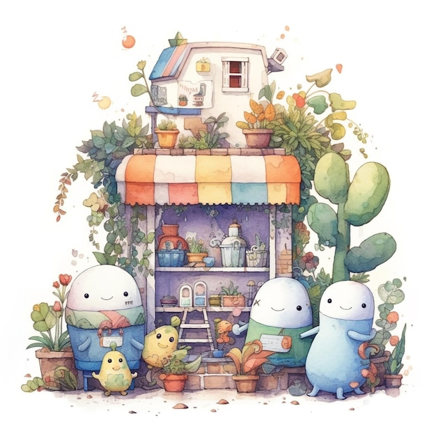 Une illustration à l'aquarelle d'un petit magasin appelé kawaii.