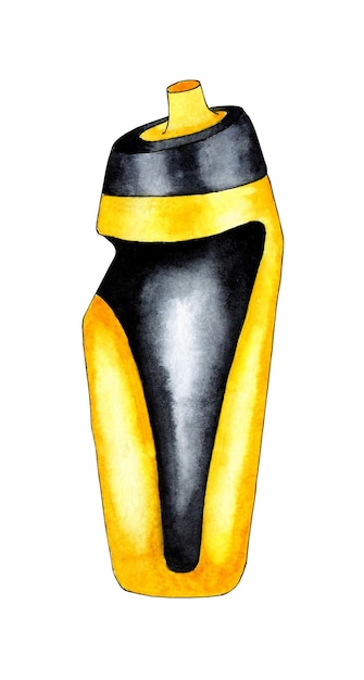 illustration à l'aquarelle d'un petit pain de bouteille d'eau de sport avec un design sportif signature en jaune noir