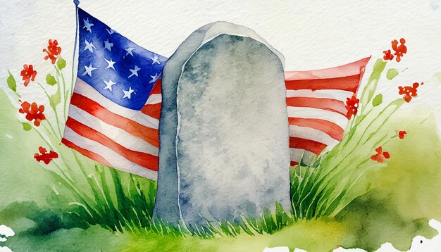 Illustration à l'aquarelle d'une pierre tombale et d'une peinture abstraite du drapeau américain