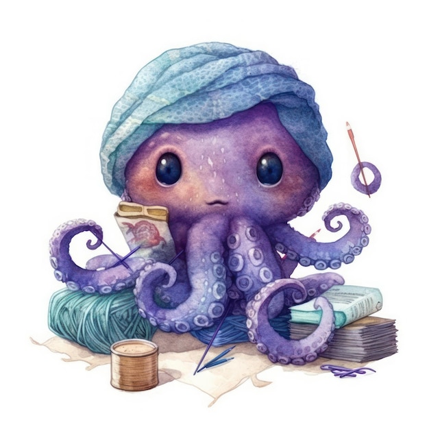 Une illustration à l'aquarelle d'une pieuvre violette portant une serviette et un chapeau.