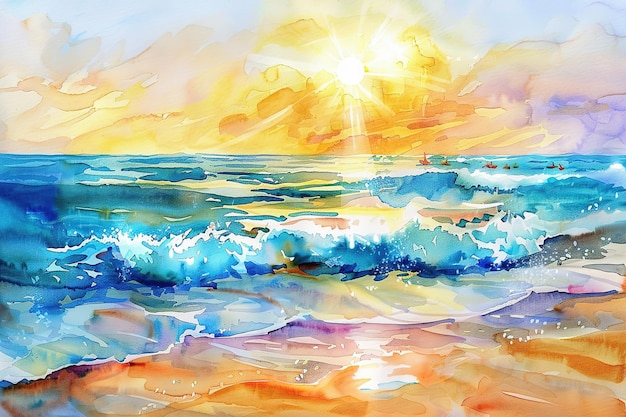 Illustration à l'aquarelle d'une plage ensoleillée avec des vagues et un ciel lumineux