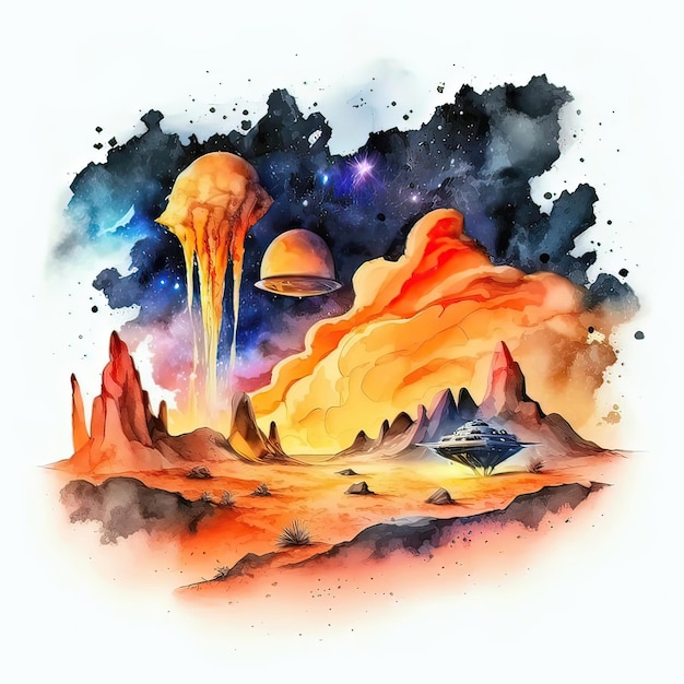 Illustration à l'aquarelle avec planète extraterrestre et OVNI Extraterrestre d'objet volant non identifié Belle peinture abstraite du thème de l'espace Science-fiction Génératrice d'IA