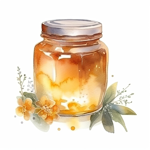 Illustration à l'aquarelle d'un pot de miel sur fond blanc