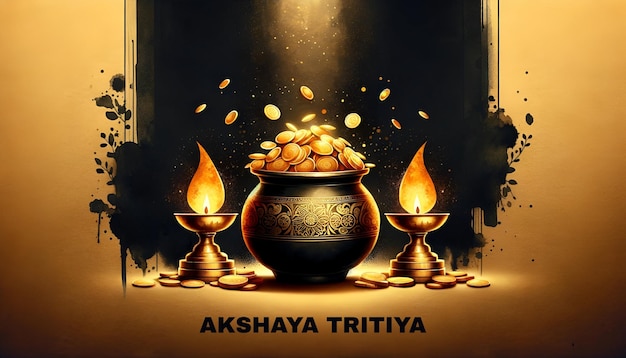 Illustration à l'aquarelle pour akshaya tritiya avec un pot avec des pièces d'or et des lampes