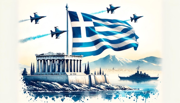 Illustration à l'aquarelle pour le jour de l'indépendance grecque avec des avions de chasse volant en formation