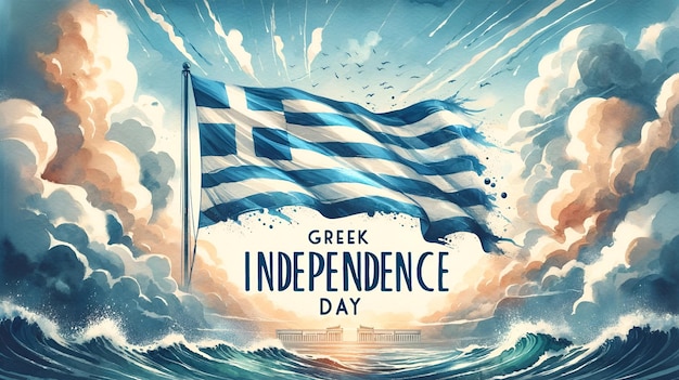 Illustration à l'aquarelle pour le jour de l'indépendance grecque avec le drapeau grec agitant