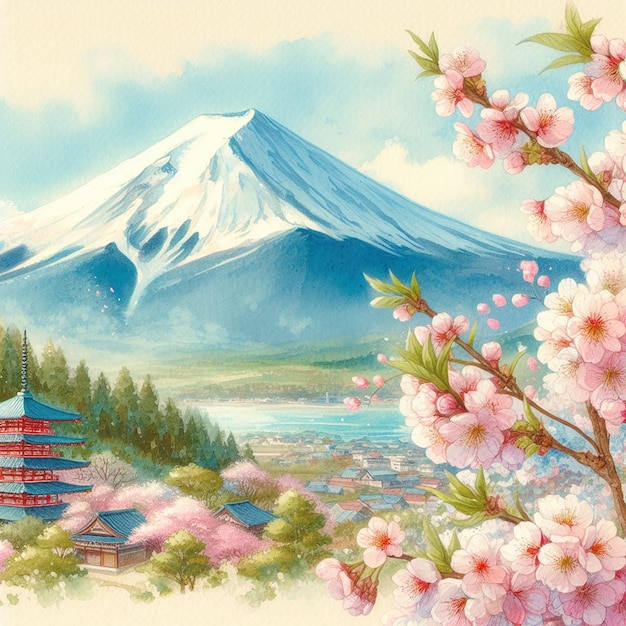 Photo illustration à l'aquarelle pour le jour de showa avec un mont fuji et des fleurs de cerisier au premier plan