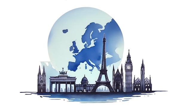 Illustration à l'aquarelle pour la journée de l'Europe avec une silhouette d'un monument célèbre en Europe