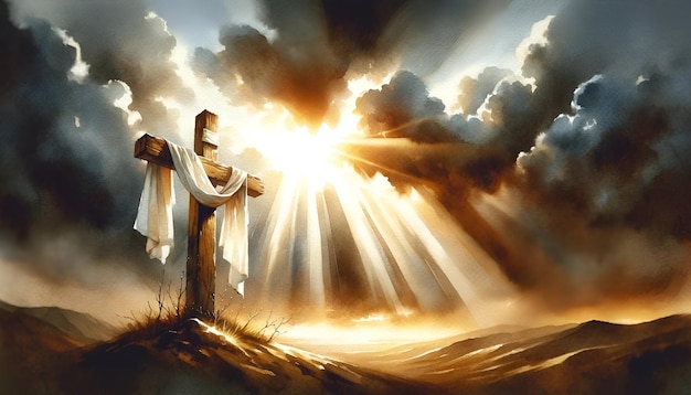 Illustration à l'aquarelle pour le Vendredi Saint avec une croix en bois et un tissu blanc drapé dessus