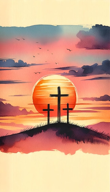 Illustration à l'aquarelle pour le Vendredi Saint avec trois croix sur le Calvaire