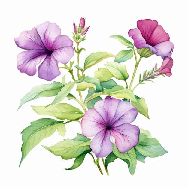 Illustration aquarelle réaliste de fleurs de pétunia violettes et blanches