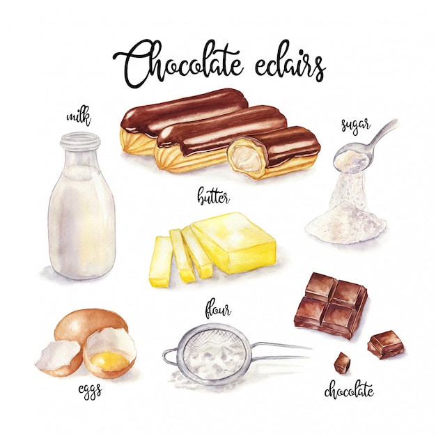 Illustration aquarelle de la recette des éclairs. Ingrédient de cuisine