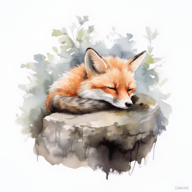 Illustration à l'aquarelle d'un renard rouge dormant sur un rocher Peinture numérique