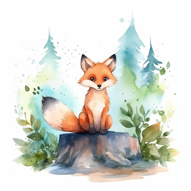 Illustration aquarelle d'un renard sur une souche